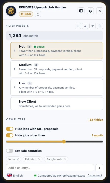 Panel Upwork Job Hunter: Filter pintar
