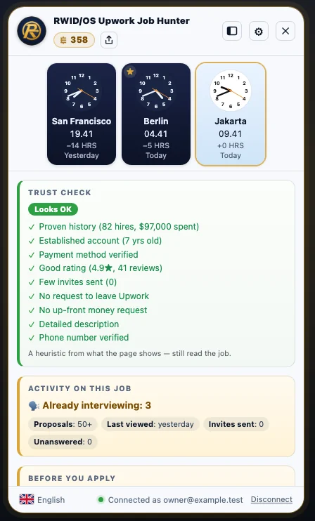 Panel Upwork Job Hunter: Job Intel