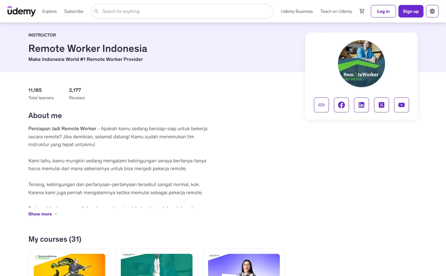 Halaman instruktur Remote Worker Indonesia di Udemy