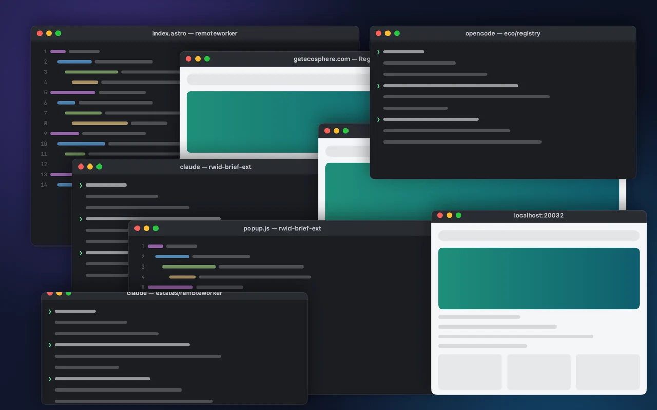 Vor Relay: Fenster aus drei Projekten auf einem Desktop gestapelt